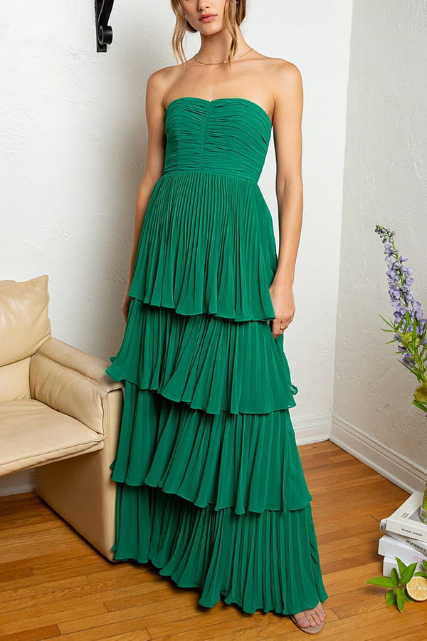 Strapless Emerald Green Ruffle Multi-Layer Long Prom Dress Off Shoulder