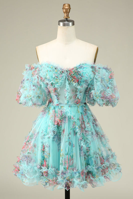 Off the Shoulder A Line Printed Cute Homecoming Dress Beautiful Short Sexy