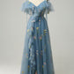 A-Line V-Neck Spaghetti Straps Embroidery Grey Blue Long Prom Dress with Slit Sexy
