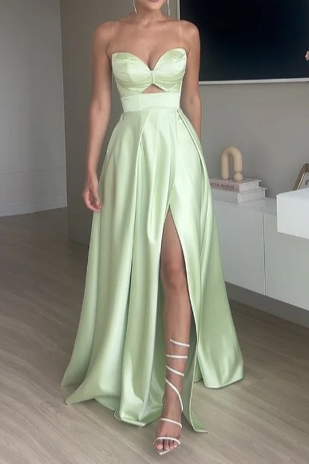 Strapless Satin Long Prom Dress Off Shoulder With Slit Sexy Evening Party Dresses