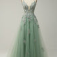 A Line Spaghetti Straps Grey Blue Long Prom Dress with Appliques Sexy