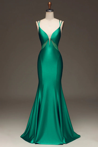 Green Mermaid Prom Dress with Lace-up Back V-neck Satin Sexy