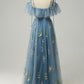 A-Line V-Neck Spaghetti Straps Embroidery Grey Blue Long Prom Dress with Slit Sexy