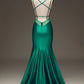 Green Mermaid Prom Dress with Lace-up Back V-neck Satin Sexy