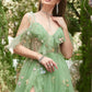 A-Line V-Neck Spaghetti Straps Embroidery Grey Blue Long Prom Dress with Slit Sexy
