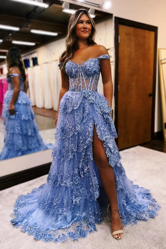 Shoulder Long Tiered Prom Dress With Appliques Off Shoulder