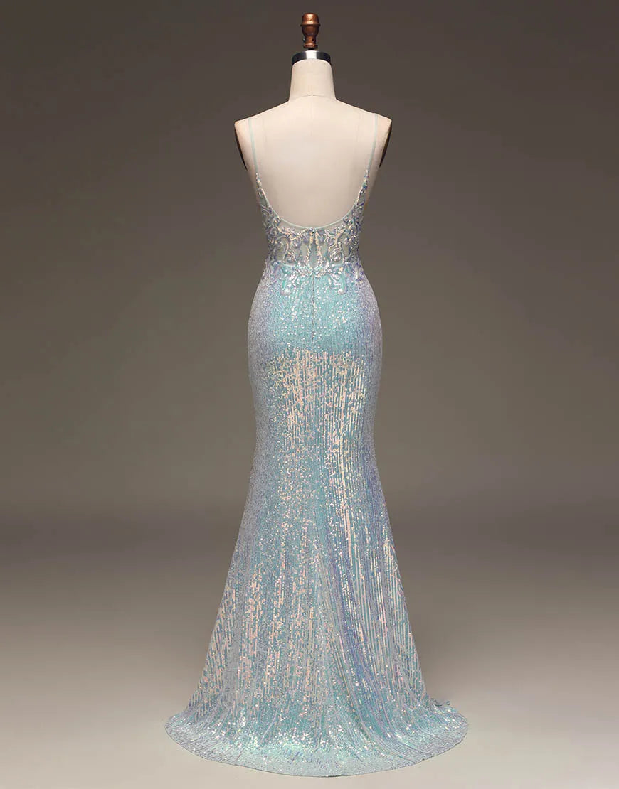 Mermaid Prom Dress With Split Spaghetti Straps Long Sparkly