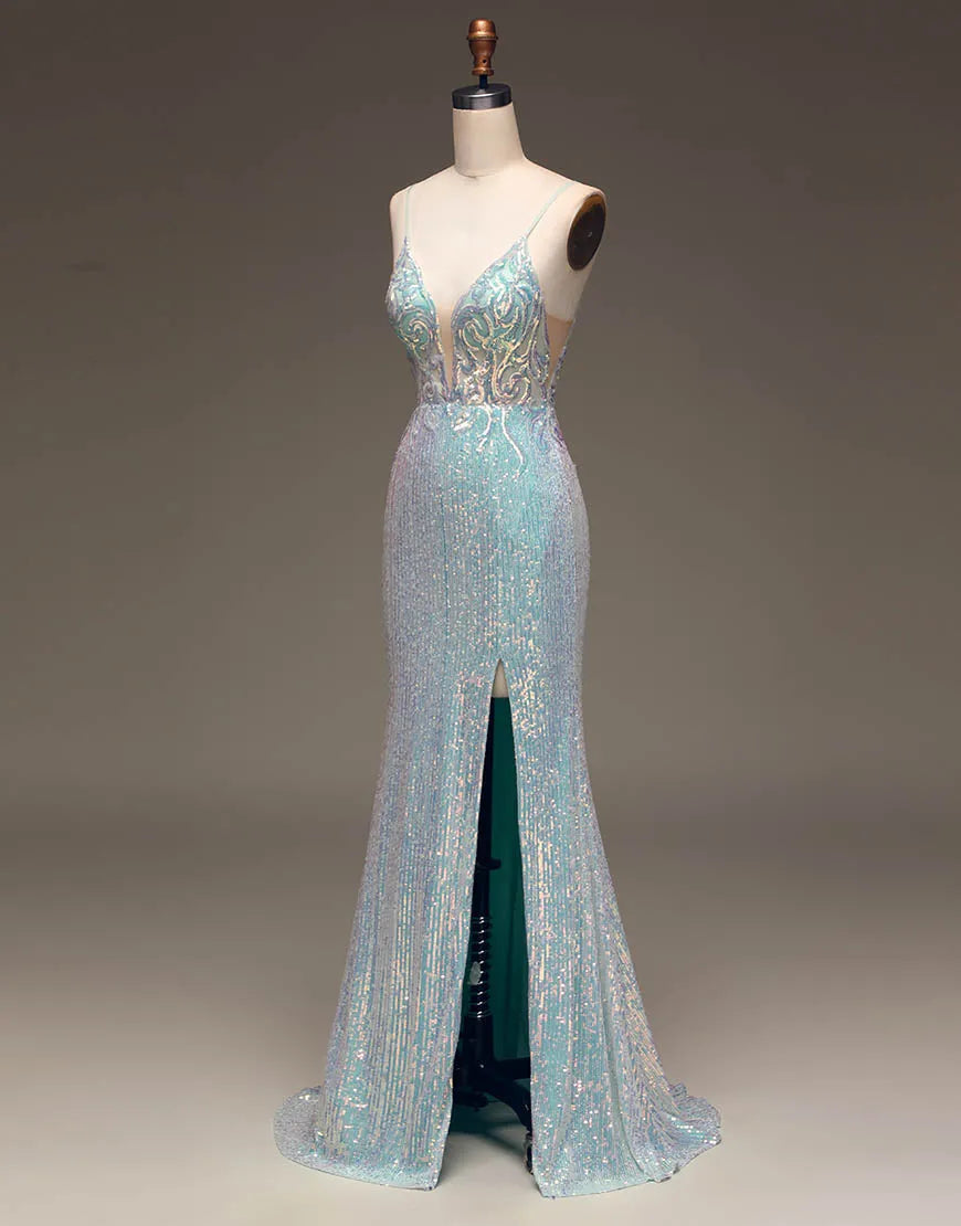 Mermaid Prom Dress With Split Spaghetti Straps Long Sparkly