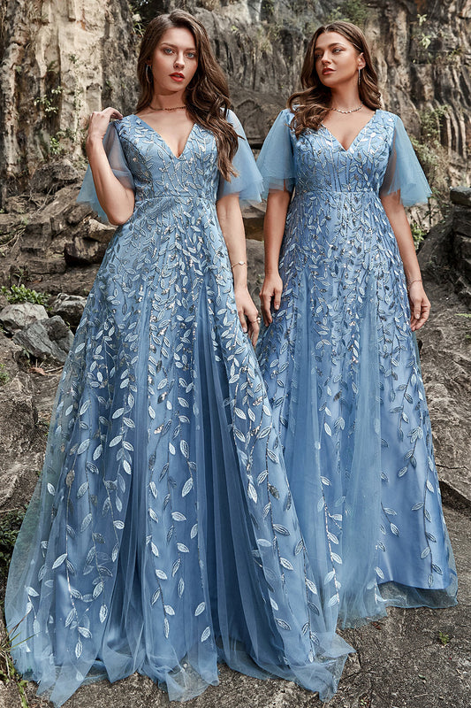 Blue A Line V Neck Tulle Embroidered Leaves Prom Dress Sexy Evening Dresses