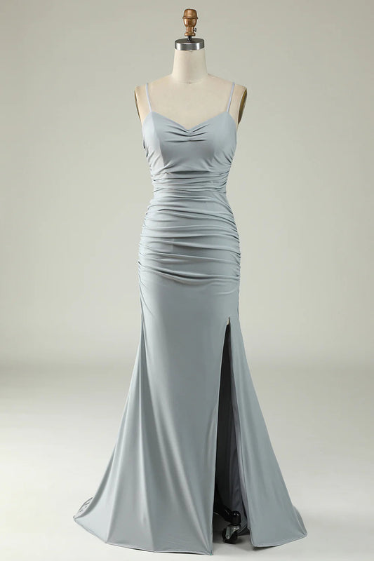 Grey Mermaid Long Prom Dress with Slit Pure Color Sexy