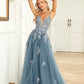 A Line Spaghetti Straps Grey Blue Long Prom Dress with Appliques Sexy