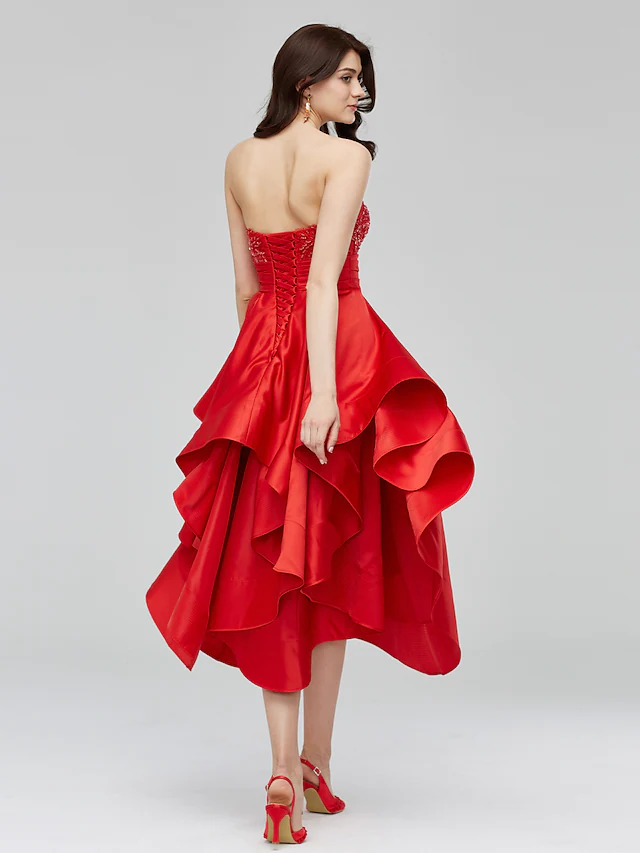 A-Line Fit & Flare Open Back Homecoming Cocktail Party Prom Dress Sweetheart Neckline Sleeveless Asymmetrical Satin with Beading