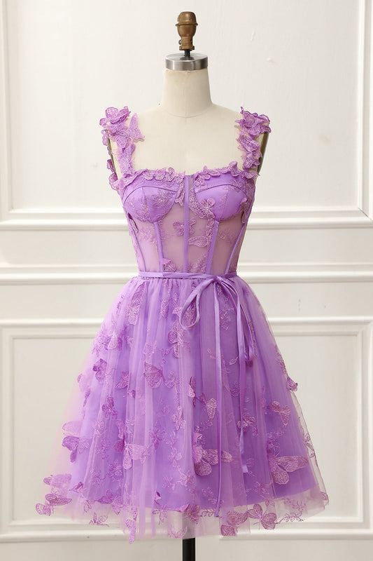 Purple A-Line Corset Homecoming Dress With Butterflies Short