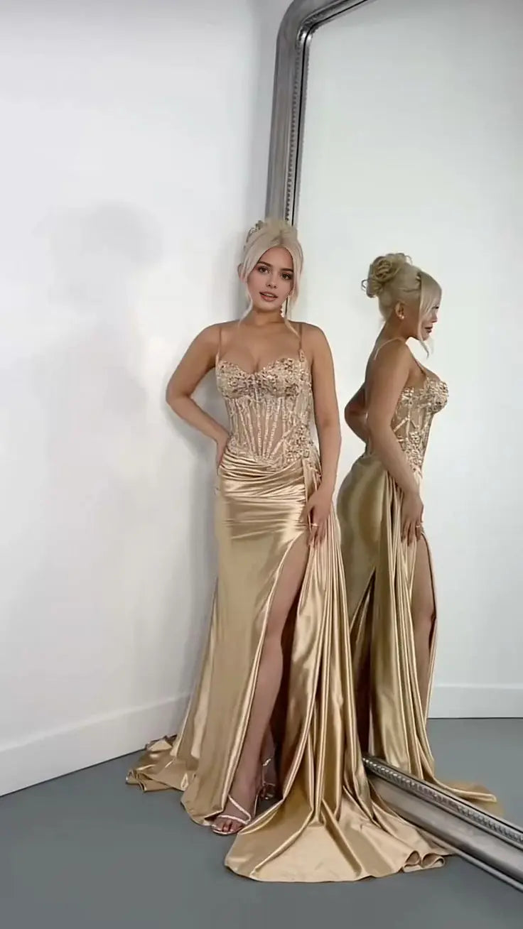 Charming Mermaid Spaghetti Straps Formal Prom Dresses With Slit Elegant Party Evening Gowns Sexy Graduation Dress