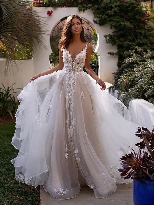 A-Line Wedding Dresses V Neck Chapel Train Lace Tulle Spaghetti Strap Romantic Sexy Beautiful Back with