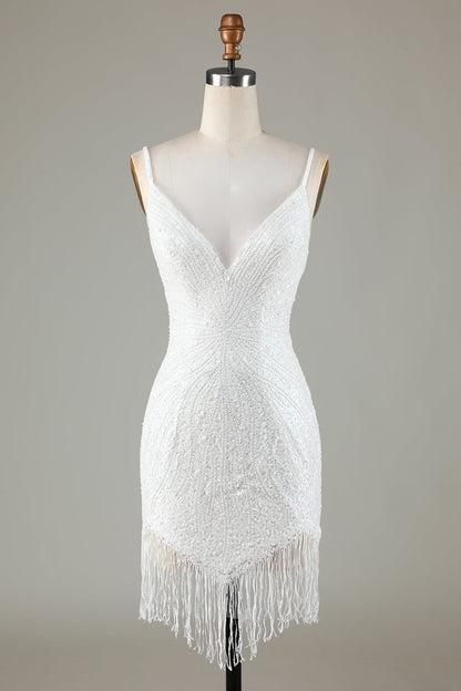 Fringes White Tight Glitter Homecoming Dress With Lace-Up Back Short