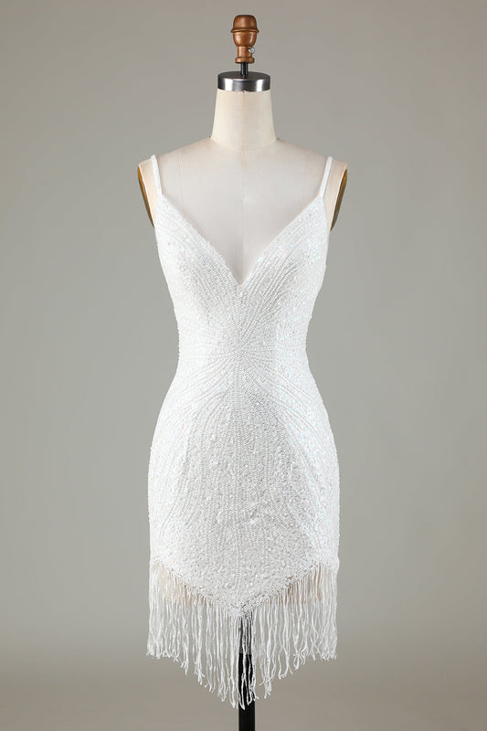 Fringes White Tight Glitter Homecoming Dress With Lace-Up Back Short
