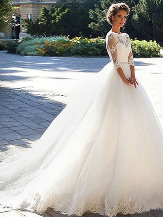 A-Line Wedding Dresses Off Shoulder Court Train Lace Tulle Length Sleeve Formal Sexy Illusion Sleeve