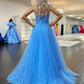 Cute A Line One Shoulder Blue Tulle Prom Dress with Appliques And Slit Floor Length