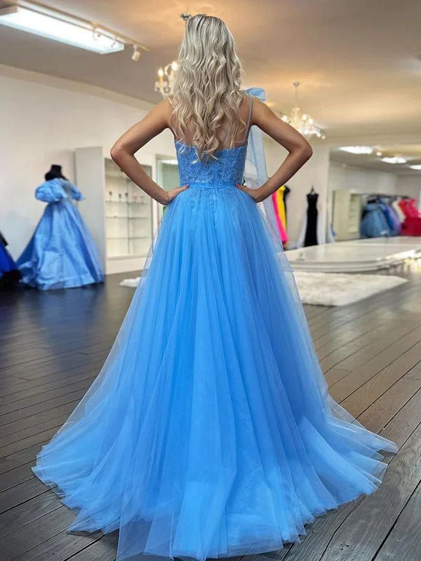 Cute A Line One Shoulder Blue Tulle Prom Dress with Appliques And Slit Floor Length