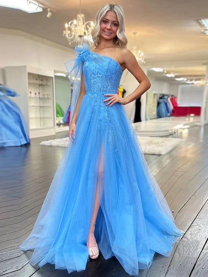 Cute A Line One Shoulder Blue Tulle Prom Dress with Appliques And Slit Floor Length