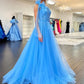 Cute A Line One Shoulder Blue Tulle Prom Dress with Appliques And Slit Floor Length