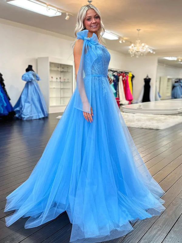 Cute A Line One Shoulder Blue Tulle Prom Dress with Appliques And Slit Floor Length