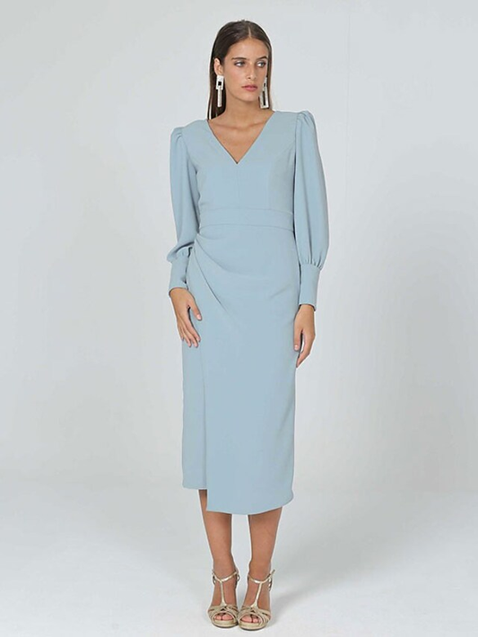 Mother of the Bride Dress Elegant V Neck Tea Length Stretch Fabric Long Sleeve