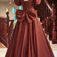 A-Line Elegant Short Sleeve Satin Floor Length Evening Dress V-neck Prom Dress With Bow