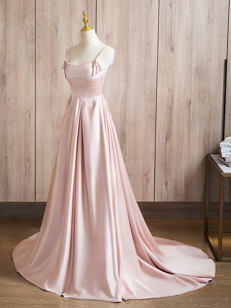 A-Line Satin Pink Long Prom Dress Long Formal Dress Floor Length Evening Dress