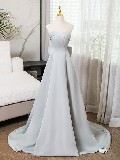 A-Line Sweetheart Neck Satin Gray Long Prom Dress Formal Dress Evening Dress With Bow(s)