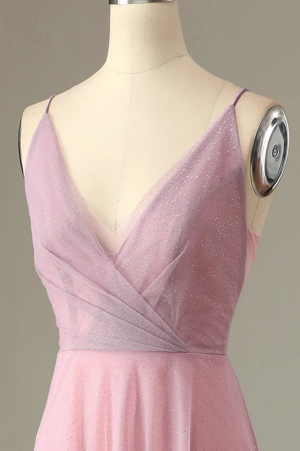 A Line Spaghetti Straps Grey Pink Bridesmaid Dress V-Neck Wedding Guest Dress Sparkly
