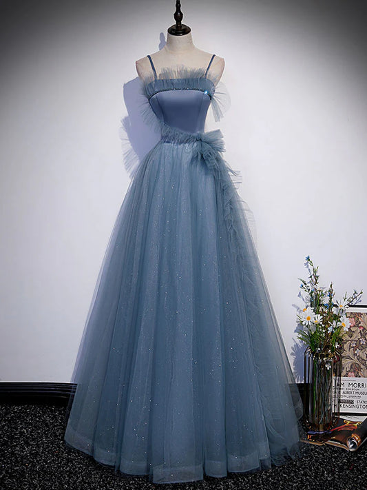 Gray blue tulle long prom dress A line evening dress Formal Dress december wedding guest dress