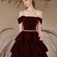 A-Line Off Shoulder Velvet Burgundy Long Prom Dress Formal Dress Evening Dress