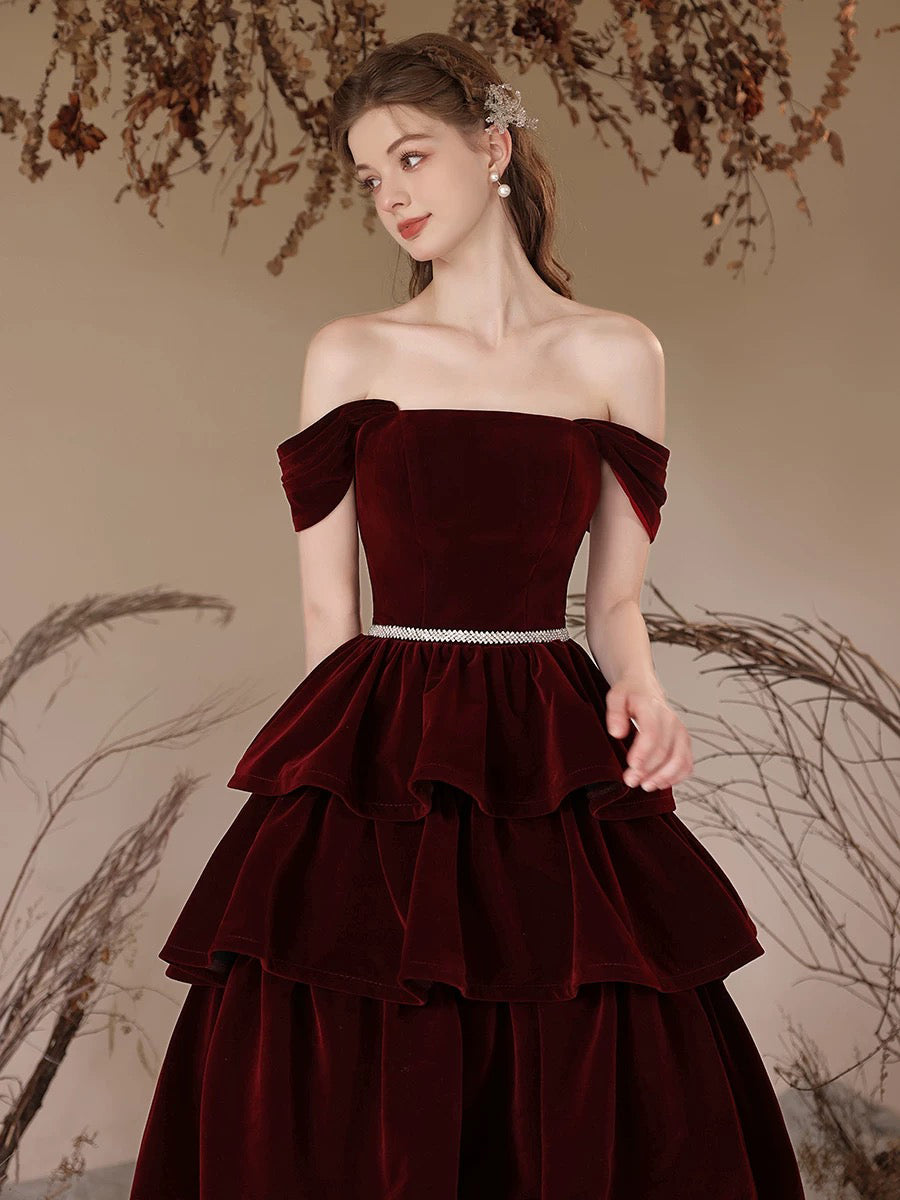 A-Line Off Shoulder Velvet Burgundy Long Prom Dress Formal Dress Evening Dress