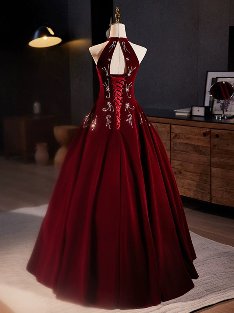 A-Line Velvet Sequin Burgundy Long Prom Dress Long Formal Dress december wedding guest dress