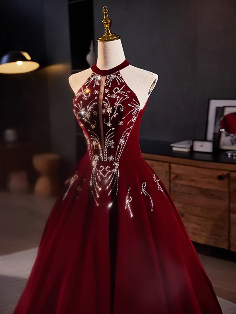 A-Line Velvet Sequin Burgundy Long Prom Dress Long Formal Dress december wedding guest dress