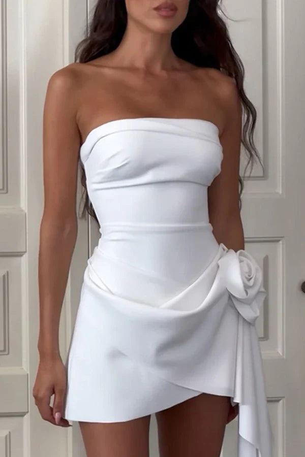 Solid color pleated flower strapless evening dress Off Shoulder Short Sexy Party Dress