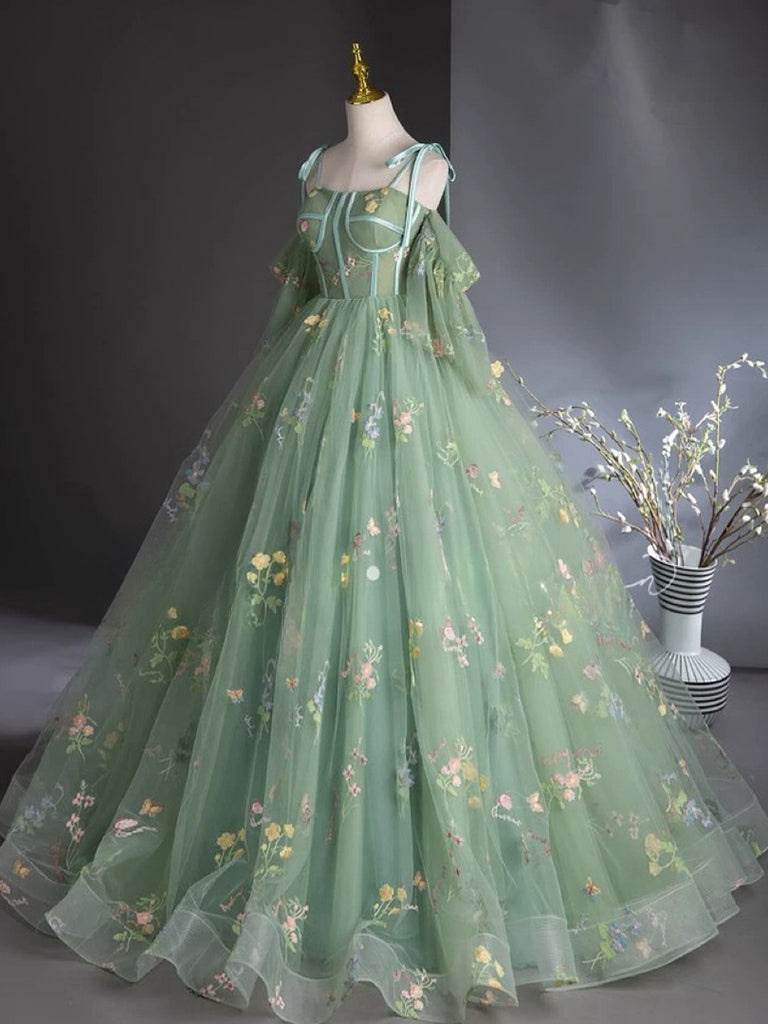 A-Line Sweetheart Neck Tulle Lace Green Long Prom Dress Floor Length With Flowers december wedding guest dress