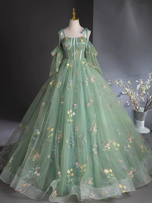 A-Line Sweetheart Neck Tulle Lace Green Long Prom Dress Floor Length With Flowers december wedding guest dress