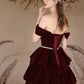 A-Line Off Shoulder Velvet Burgundy Long Prom Dress Formal Dress Evening Dress