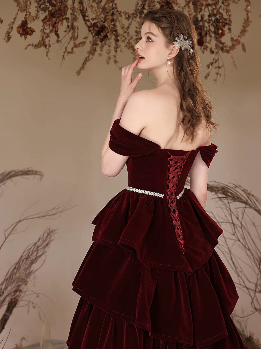 A-Line Off Shoulder Velvet Burgundy Long Prom Dress Formal Dress Evening Dress