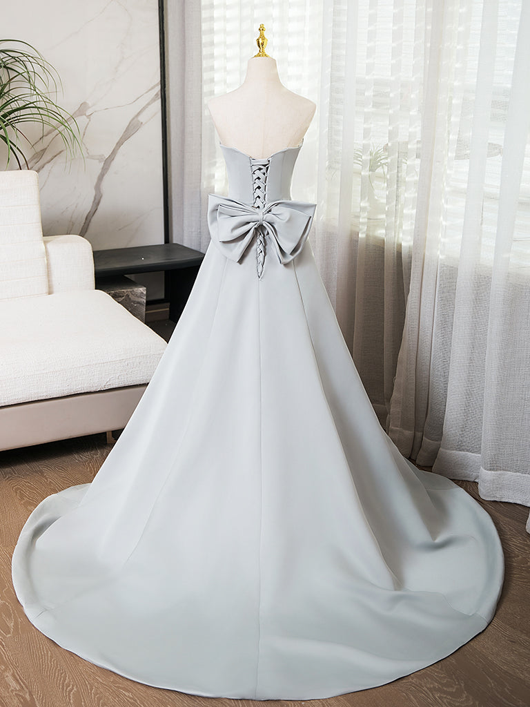 A-Line Sweetheart Neck Satin Gray Long Prom Dress Formal Dress Evening Dress With Bow(s)