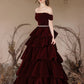 A-Line Off Shoulder Velvet Burgundy Long Prom Dress Formal Dress Evening Dress