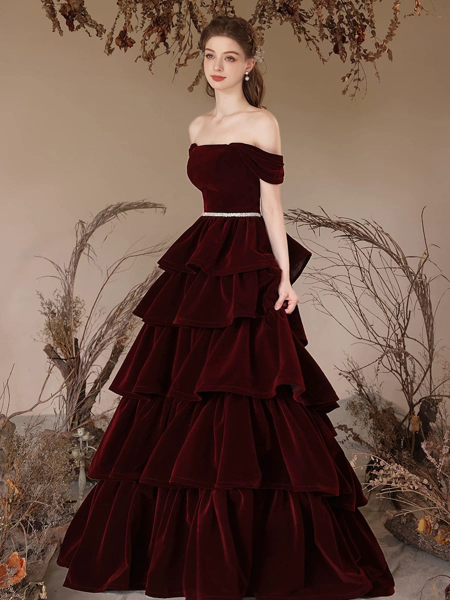 A-Line Off Shoulder Velvet Burgundy Long Prom Dress Formal Dress Evening Dress