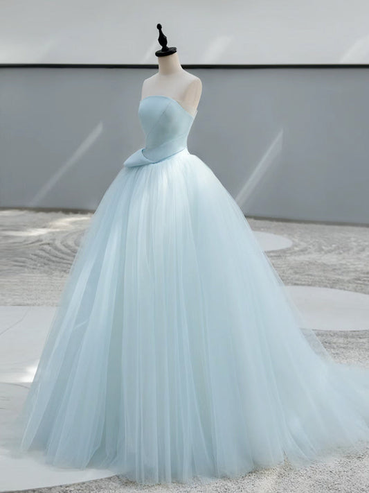 A-Line Satin Tulle Blue Long Prom Dress Formal Dress Off Shoulder Floor Length