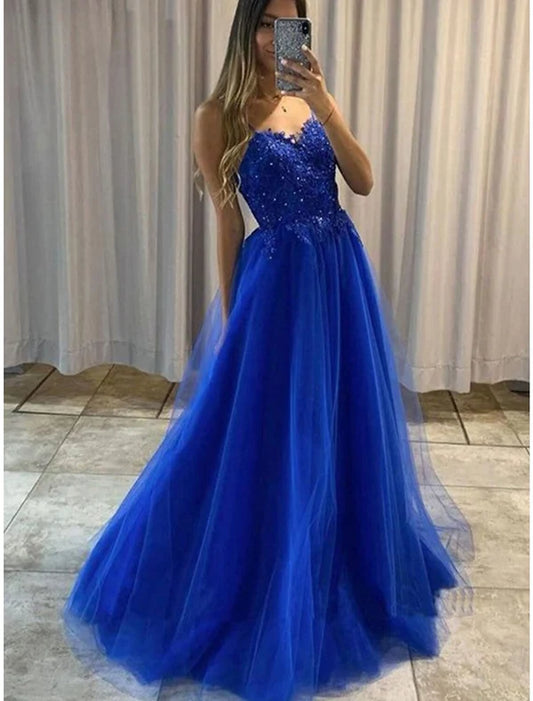 A-Line Prom Dresses Princess Dress Formal Floor Length Sleeveless Sweetheart Detachable Tulle Backless with Pleats Beading Appliques Beautiful