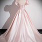 A-Line Satin Pink Long Prom Dress Formal Dress Short Sleeves Evening Dress With Bow(s)