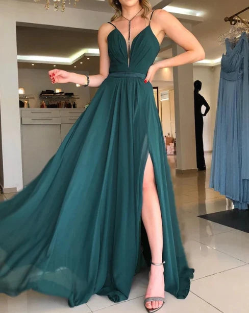 A-Line Open Back Chiffon Long Dress Bridesmaid Dresses With Slit Wedding Guest Dress Sexy Evening Dress