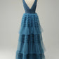 A Line V-Neck Blue Long Prom Dress Tulle With Open Back Sleeveless